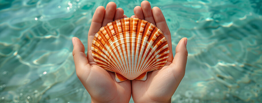 Summertime seashell in hands over ocean waves: Human hands holding a vibrant seashell above the glistening ocean, symbolizing summer travel