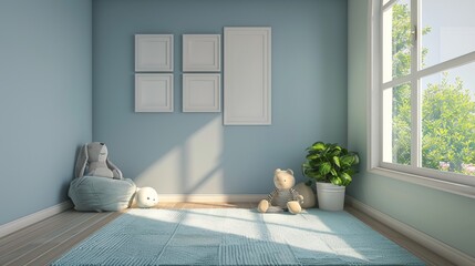 A small room with a blue wall and a window. A teddy bear is sitting on the floor next to a potted plant