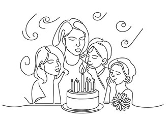 continuous line drawing of a family celebrating birthday cake with candles one line creative idea greeting card illustration 