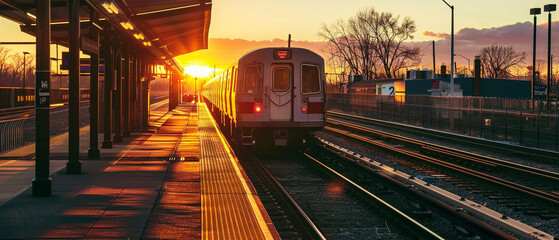 Sun sets as a commuter train arrives smoothly at the station, passengers eager to disembark.