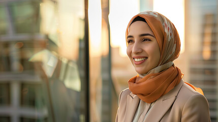 Successful middle eastern businesswoman standing in big city modern skyscrapers dreaming on new opportunities
