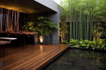 Minimalist Bamboo Courtyard Garden: Tranquil Pond, Bamboo Fountain & Minimalist Decor Ideas