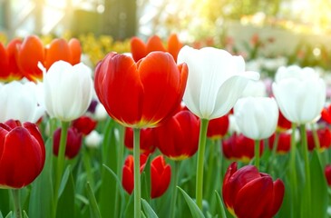 red and white tulips in the garden background