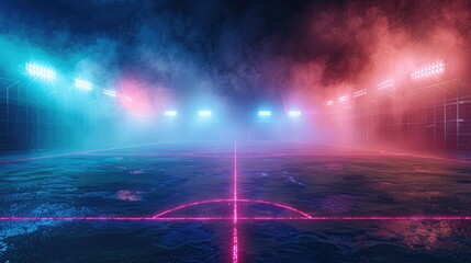 Dynamic Atmosphere Textured Soccer Game Field with Neon Fog Creating a Vibrant Scene at the Center and Midfield
 - obrazy, fototapety, plakaty