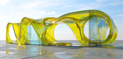 Vibrant yellow glass shapes create a bold, fluid pavilion on concrete in 3D. - obrazy, fototapety, plakaty