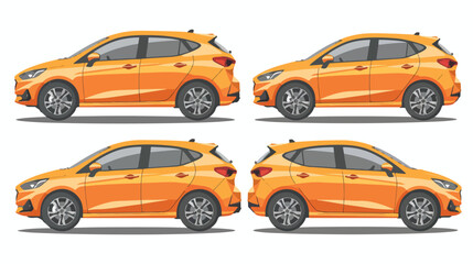 Orange hatchback car three angle set. Car with side b - obrazy, fototapety, plakaty
