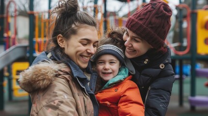 Cheerful lesbian mothers enjoying with daughter at playground. Happy family concept. - Powered by Adobe
