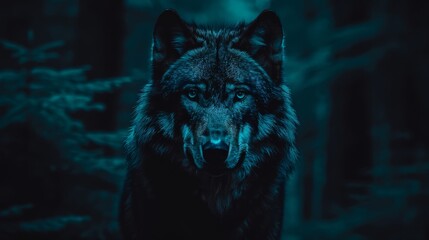   A tight shot of a wolf in the dark, background blurred with a forest Foreground filled by distinct trees