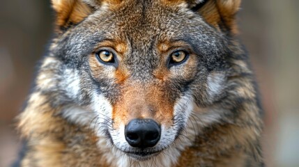   A tight shot of a wolf's expressive face gazing into the lens, surrounded by a softly blurred backdrop of quivering tree trunks