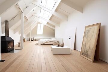 Fototapeta na wymiar Parisian Loft Bedroom Inspo: Minimalist Design, White Walls, Wooden Floors