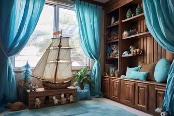 Caribbean Blue Pirate Ship Themed Children's Bedroom featuring Sandy Beach Play Mat