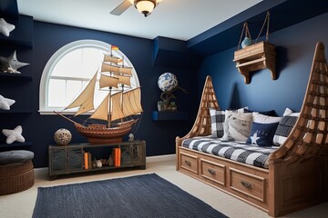 Navy Blue Pirate Ship Themed Children's Bedroom: Stunning White Ship Lap Details