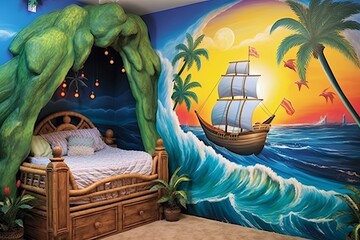 Pirate Ship Themed Children's Bedroom: Ocean Wave Wall Mural, Parrot Plush Toys Adventure