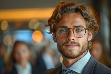 Crisp portrait featuring a handsome man with stylish eyeglasses, a meticulously groomed beard, and tousled hair, indoors with soft lighting