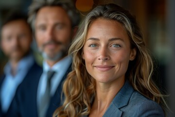 Obraz premium Confident female executive in sharp focus with male business colleagues blurred