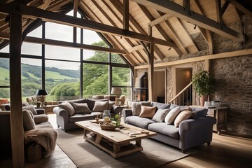 Farmhouse Charm: Rustic Barn Conversion Living Room Ideas with Exposed Beams and Cozy Comfort