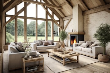 Farmhouse Charm: Rustic Barn Conversion Living Room With Large Windows, Natural Light, and Wooden Accents