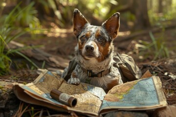 portrait of a dog on his journey with his map