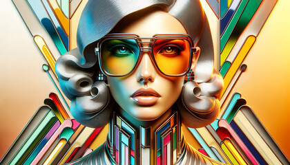 A woman with futuristic glasses and stylized metallic hair, featuring vibrant colours and abstract shapes in a radiant, energetic composition.