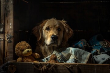 A golden retriever on his bed and lonely