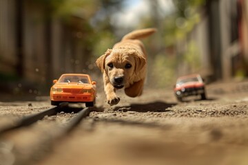 A dog running with car toys