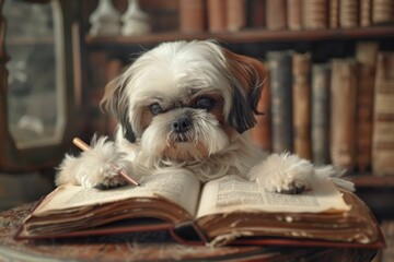 A puppy with writing a book