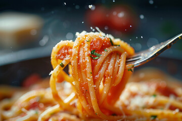 Close-up of fork with spaghetti tomato sauce.