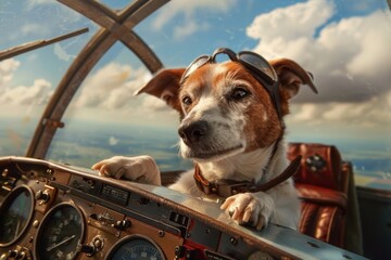 Dog in the plane as a pilot, wearing glasses