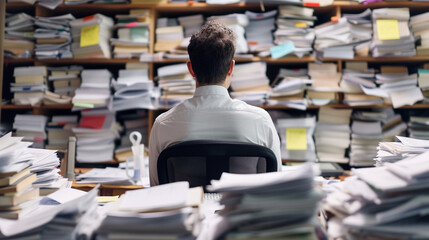 Man facing a daunting pile of paperwork in office.