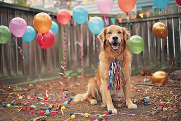 A golden retriever with his balloons putting her happy face on the camera