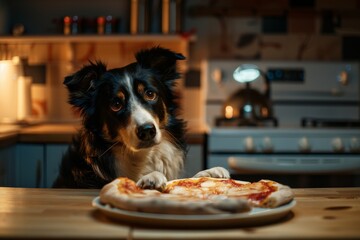 dog in a restaurant, ready to eat his pizza