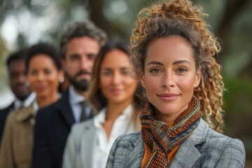 A confident woman with curly hair stands in front foreground with a diverse group of people slightly blurred behind her - obrazy, fototapety, plakaty