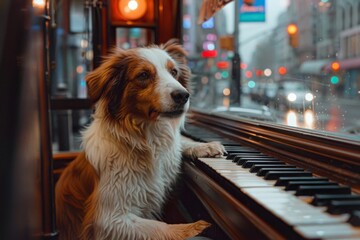 dog playing in the piano
