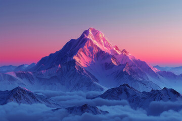 A mountain peak stands against a backdrop transitioning from purple to blue, creating a cinematic scene.