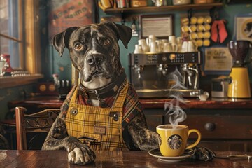Dog in a cafe, making a cup of coffee, coffee maker