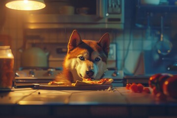 dog eating pizza
