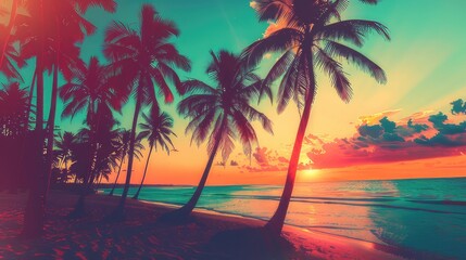 Serenity in Silhouettes Palm Trees Grace a Tropical Beach at Sunset, Bathed in Modern Vintage Colors
