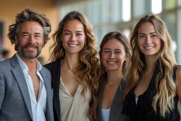 A relaxed and friendly atmosphere permeates this group of professionals standing together, with an informal yet professional vibe