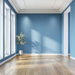 A large, empty room with a blue wall and white trim. A potted plant sits in the center of the room, casting a shadow on the floor. The room has a clean, minimalist feel