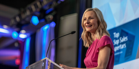 A woman, with shoulder-length blonde hair and wearing pink business attire, gives a presentation on stage at a conference.