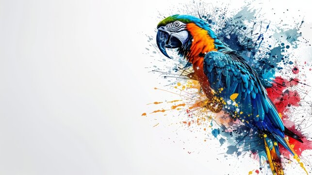   A vibrant parrot perched atop a white backdrop, speckled with paint splatters
