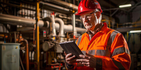 A worker in an industrial setting, donned in workwear and a helmet, holds a tablet computer, looking at it with a focused expression. - obrazy, fototapety, plakaty