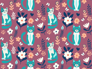 Seamless pattern vector image in flat cartoon style, cat and flowers on color background