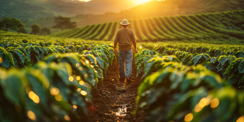 Fototapeta premium A farmer walks through his coffee farm, surrounded by rows of coffee plants and hills in the background, the setting sun casting long shadows over the field.