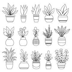 Vector set of outline various plants in vases. Collection of monochrome clip arts contour flowers in pots for home decoration. Line art natural design elements for stickers, icons, hobby articles