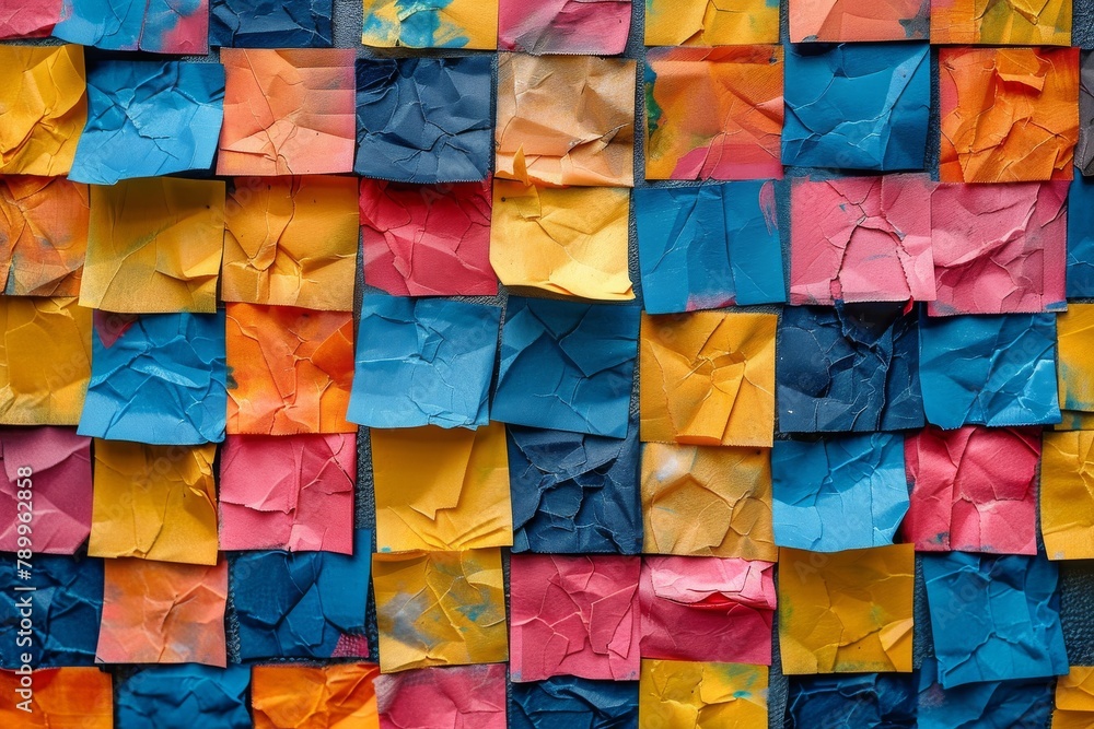 Poster a close-up of multicolored crumpled paper notes creating a textured abstract backdrop