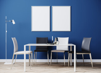 Black vertical poster frame mock up in dinning room modern interior with luxury white and black chairs and table with wooden floor and blue wall, 3d rendering