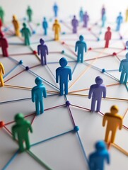 3D line diagram of a leader at the center of a network, connecting lines to team members, illustrating teamwork and management ,vibrant color