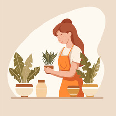Vector flat illustration of a cute young woman gardener in an apron with tropical plants in pots. Hobbies floristry and botany. Illustration for articles and postcards