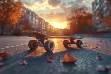 Naklejka premium A skateboard rests on the street with a backdrop of autumn leaves and warm sunset light